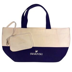 Swarovski Canvas Tote with Clip-on Pouch in Bright Blue and White